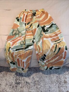 Abstract Watercolor Print Harem Pants - Green & Mustard